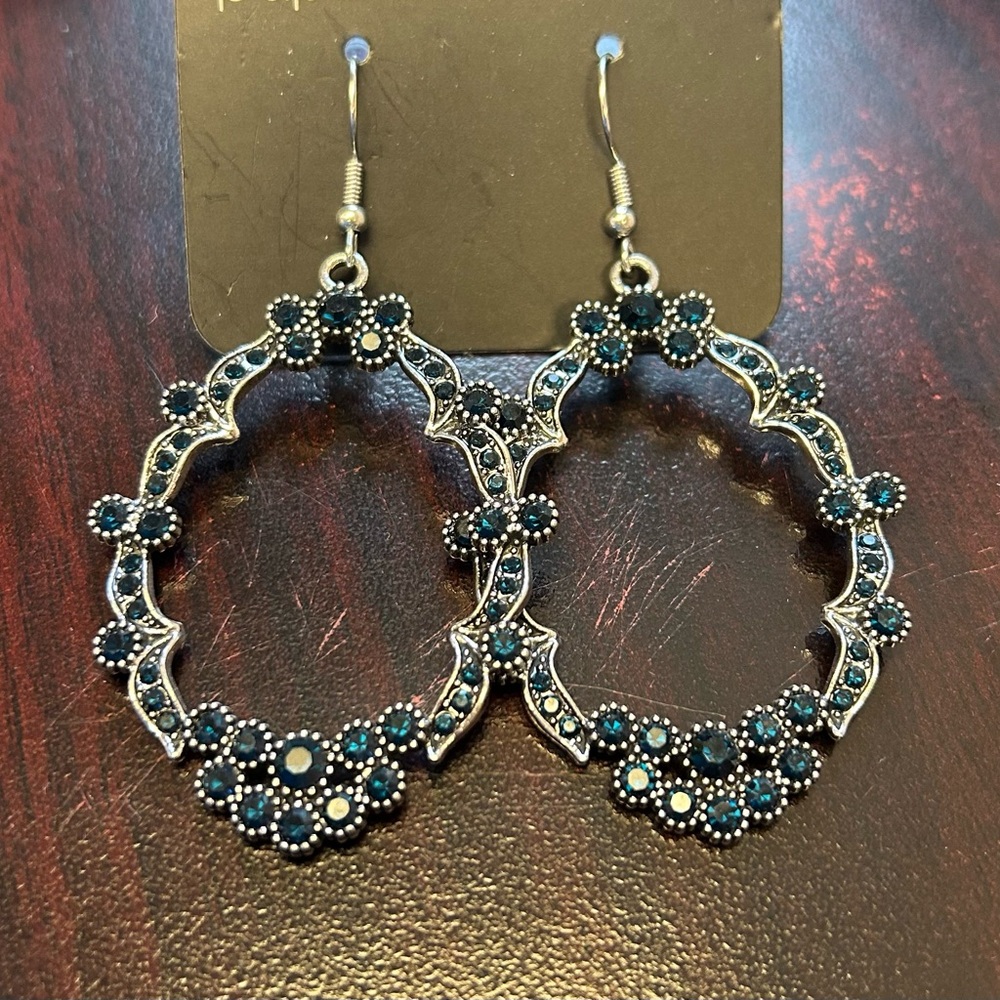 Navy Blue Gemmed Oval Earrings